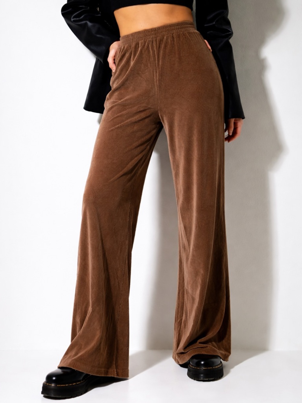 BOBI Velour Wide Leg Pants S Brown Ribbed High Rise Pull On NWT